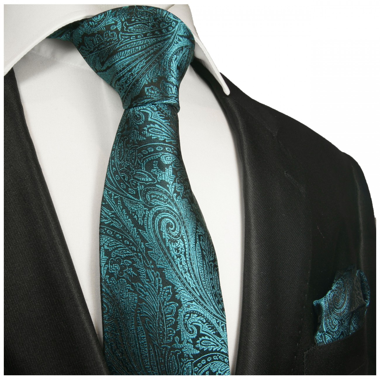 Krawatte aqua blau floral mit Einstecktuch 373