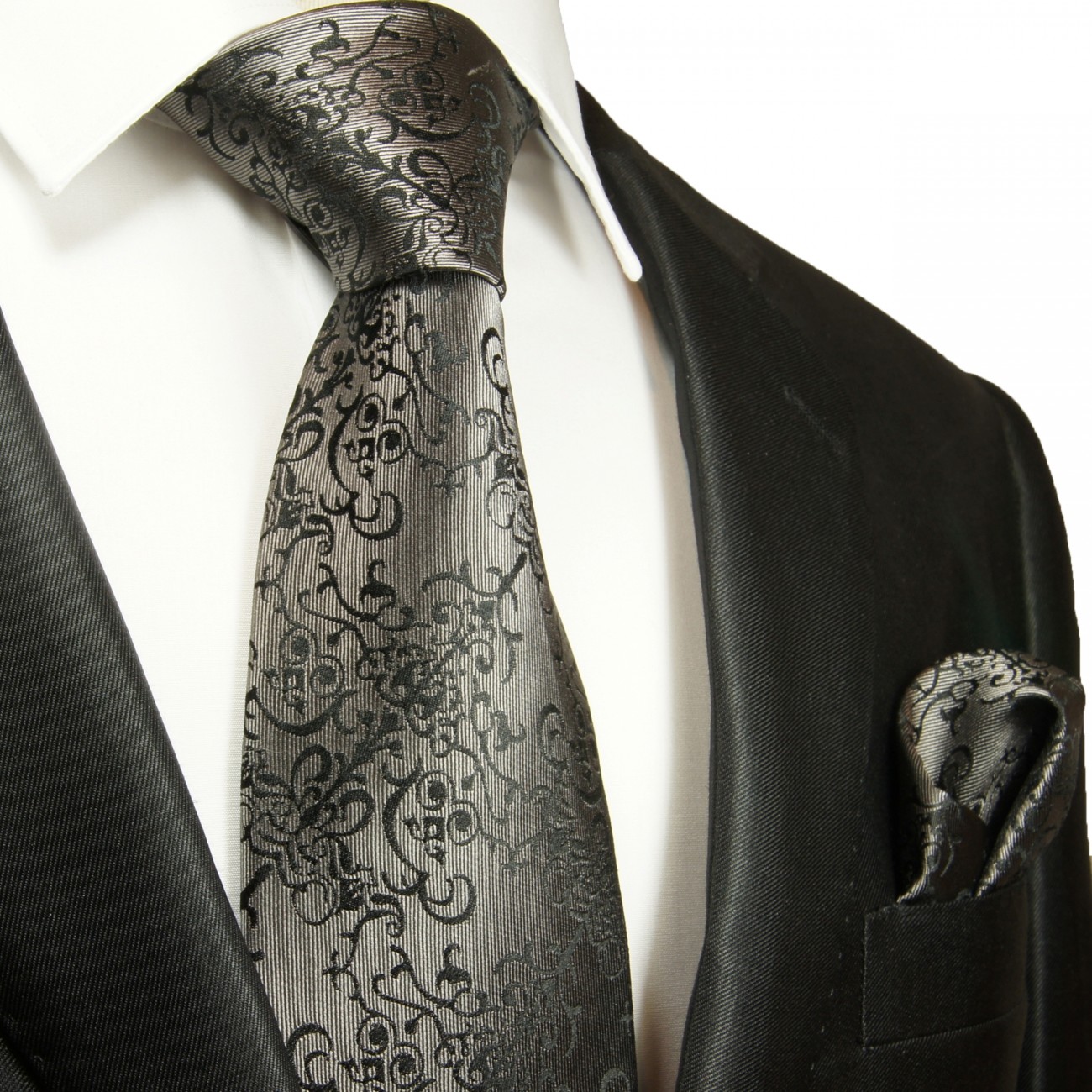 Krawatte silber grau schwarz barock Seide mit Einstecktuch