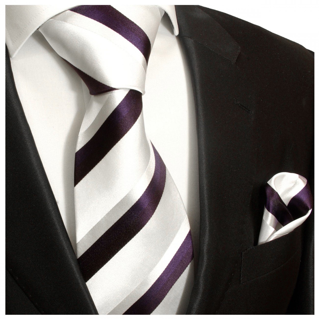 Krawatte silber weiß lila gestreift mit Einstecktuch