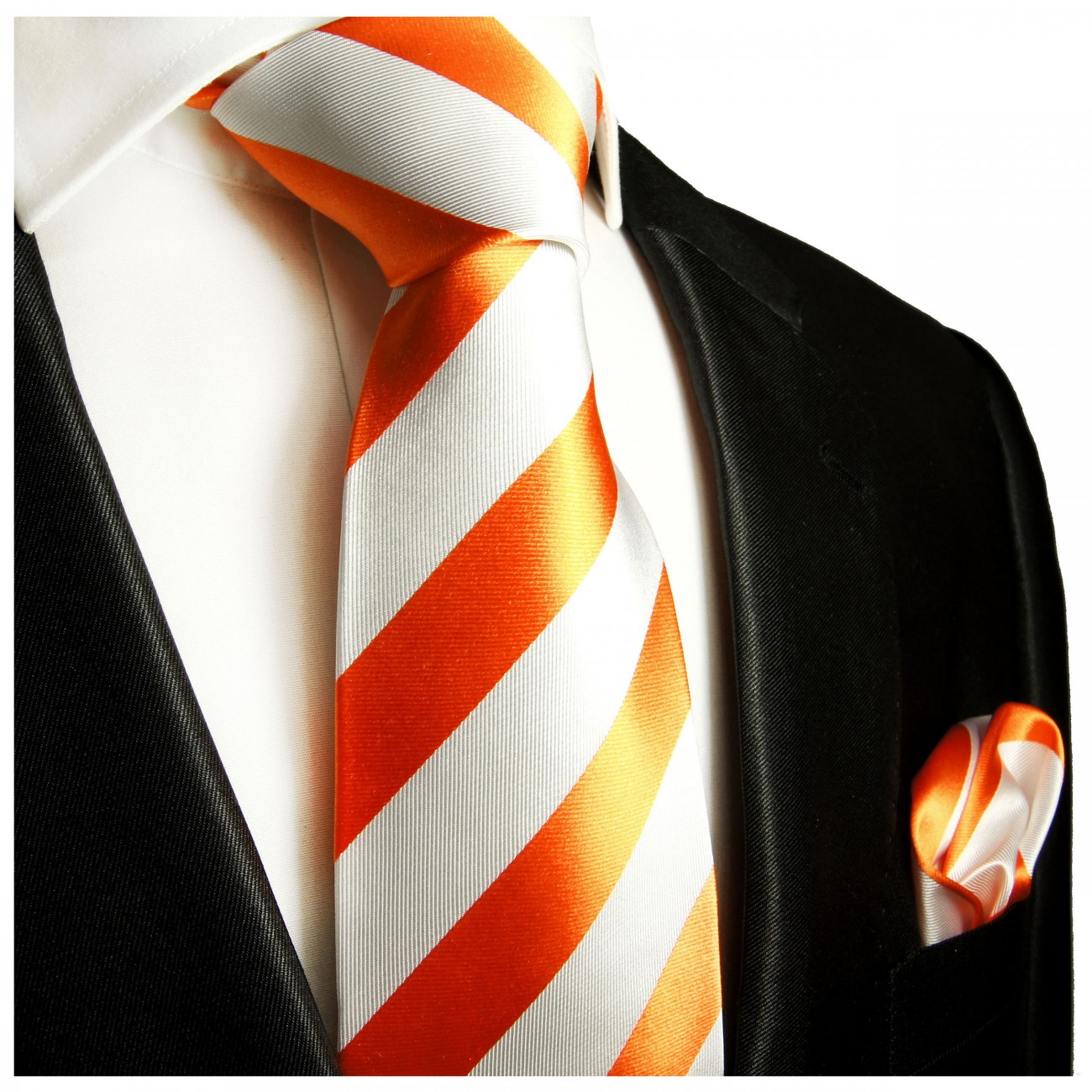 Krawatte orange weiß gestreift mit Einstecktuch