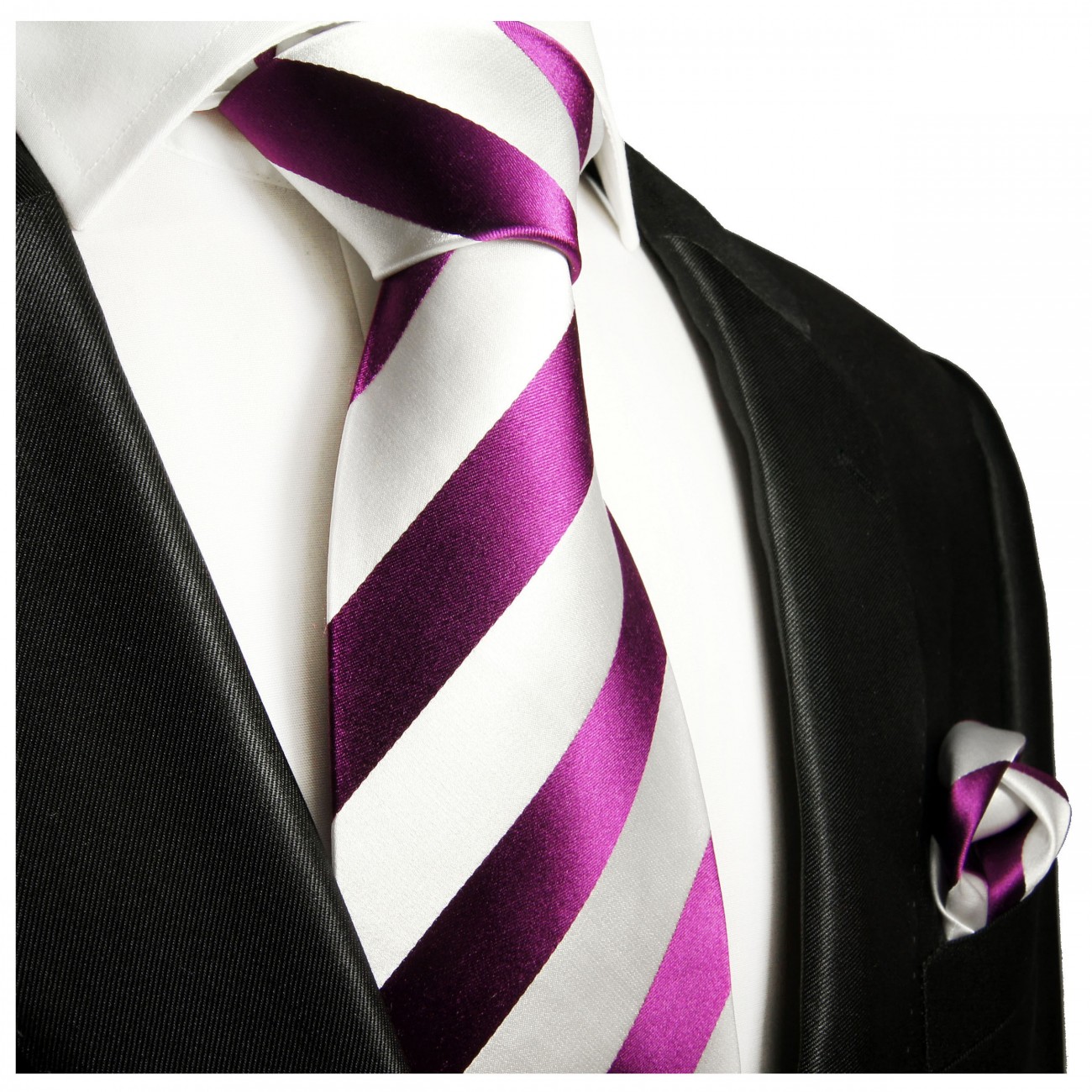 Krawatte pink weiß Seide gestreift mit Einstecktuch