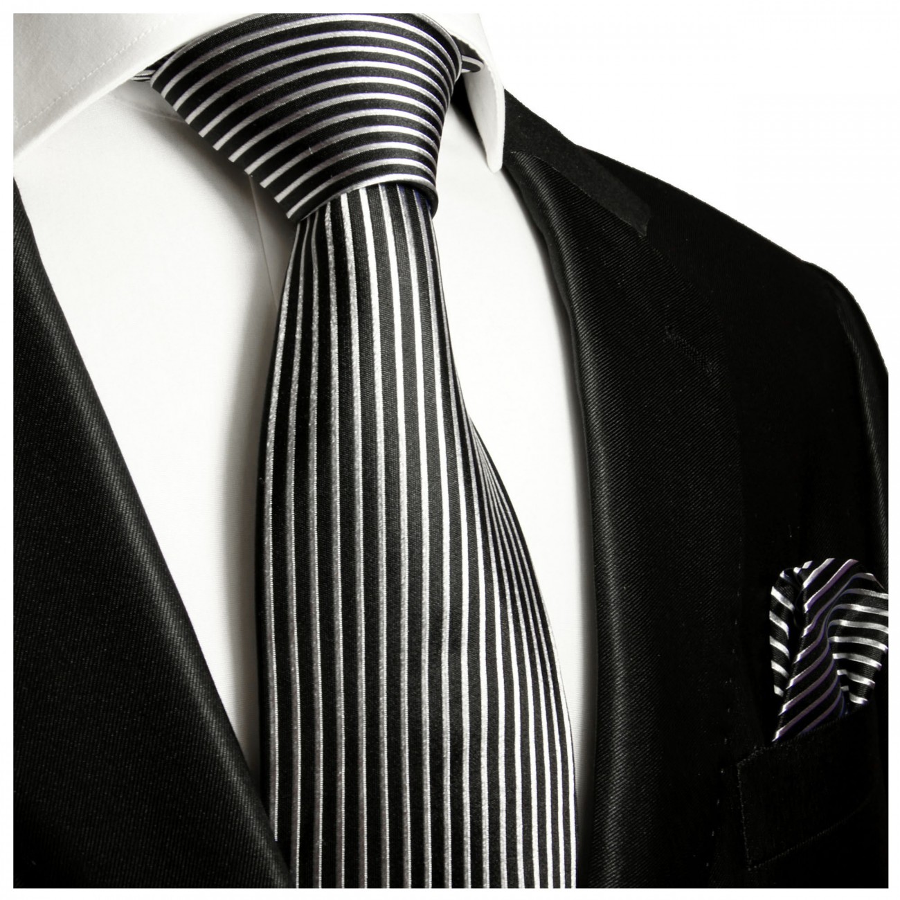 Krawatte schwarz silber gestreift Seide mit Einstecktuch