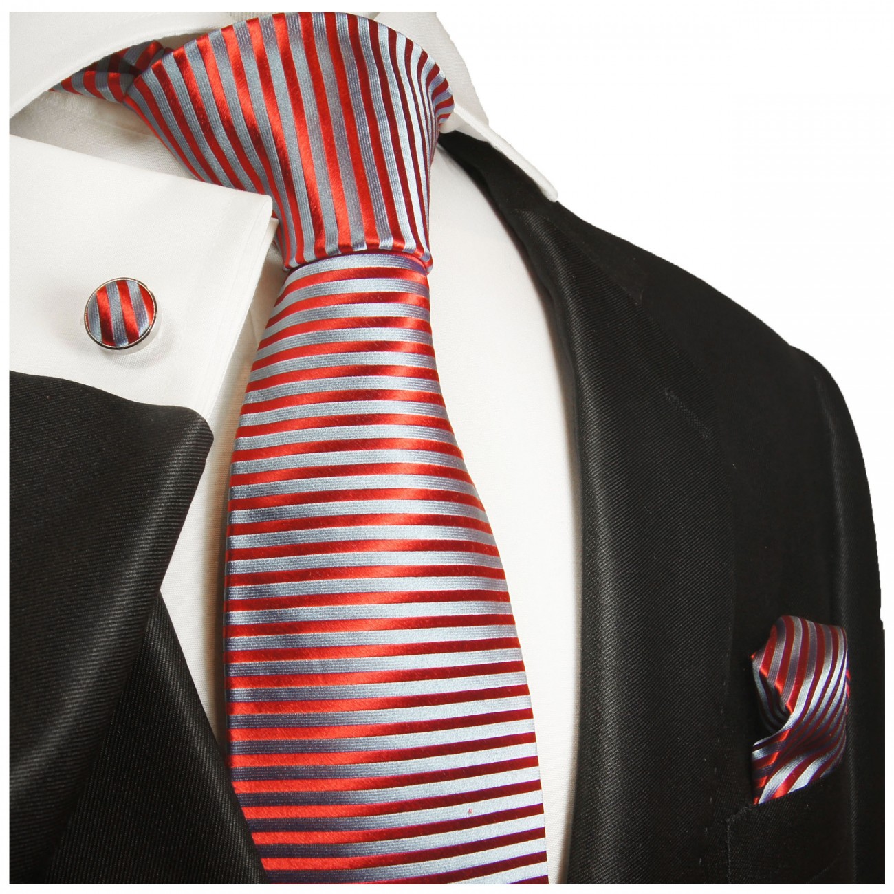 Krawatte rot blau mit Einstecktuch und Manschettenknöpfe fein gestreift 2004