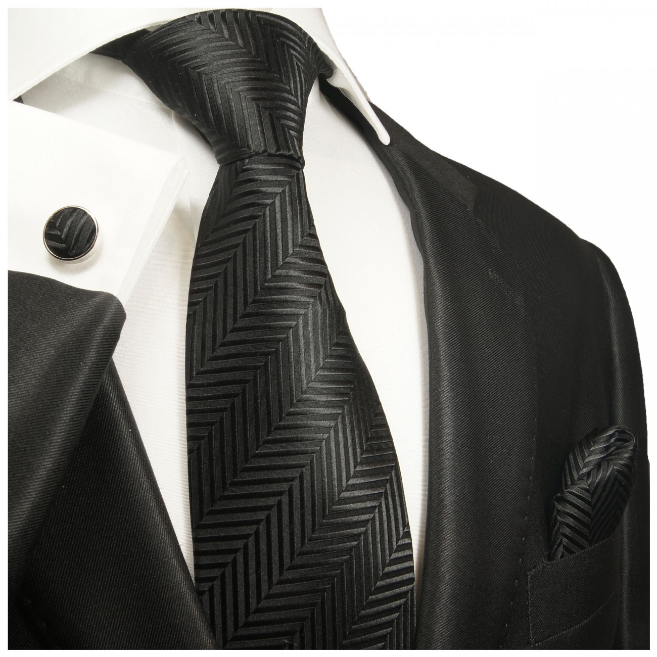 Krawatte schwarz Trauerkrawatte uni Seide mit Einstecktuch und Manschettenknöpfe