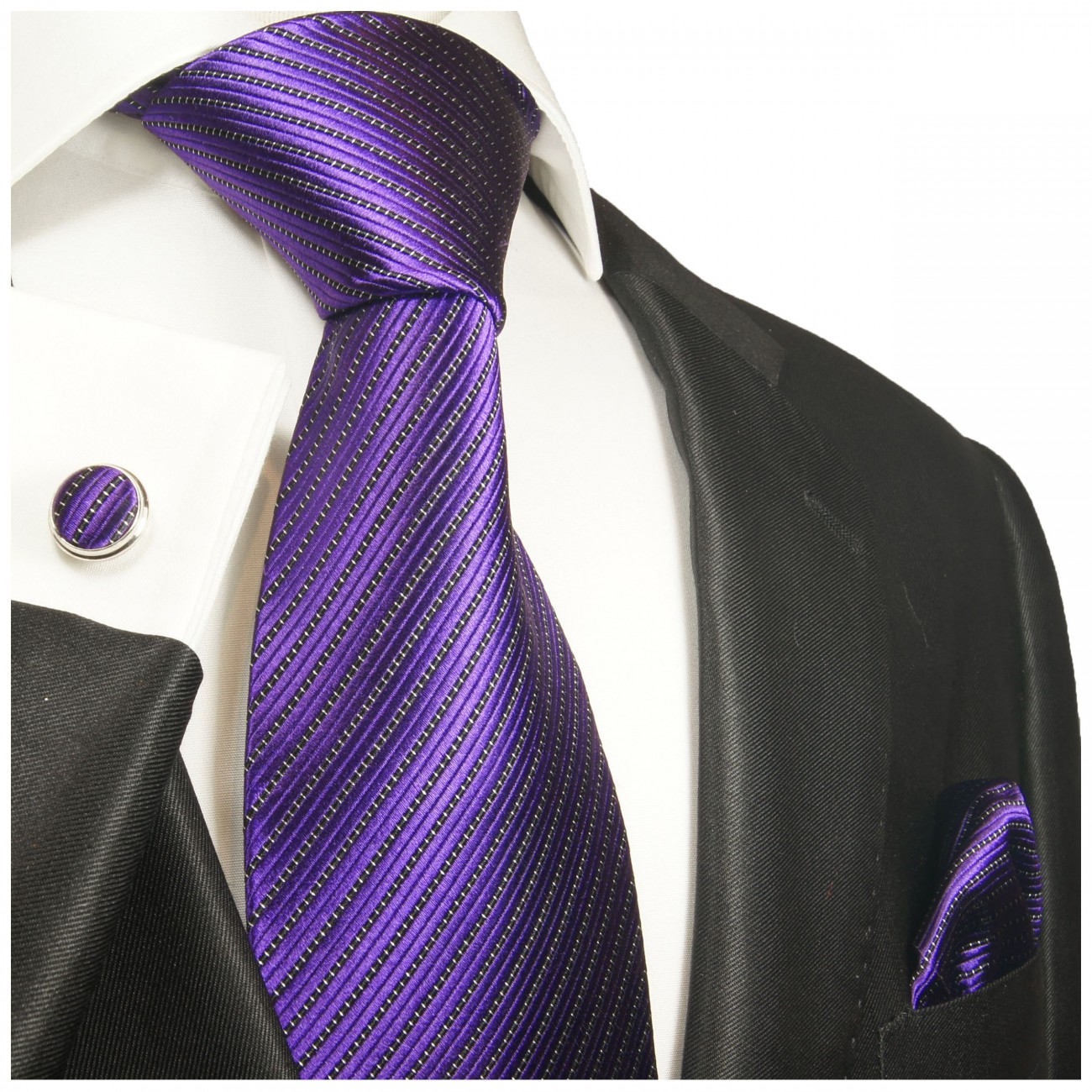Krawatte lila violett gestreift Seide mit Einstecktuch und Manschettenknöpfe