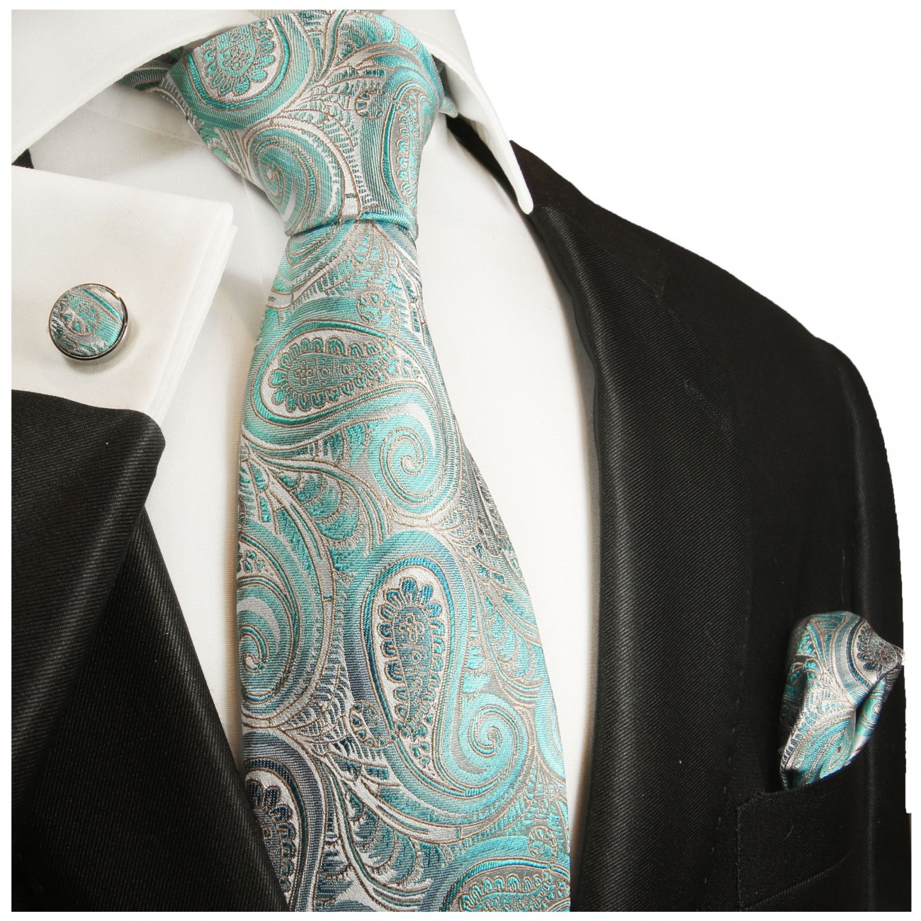 Krawatte türkis mit Einstecktuch und Manschettenknöpfe grau paisley 2016