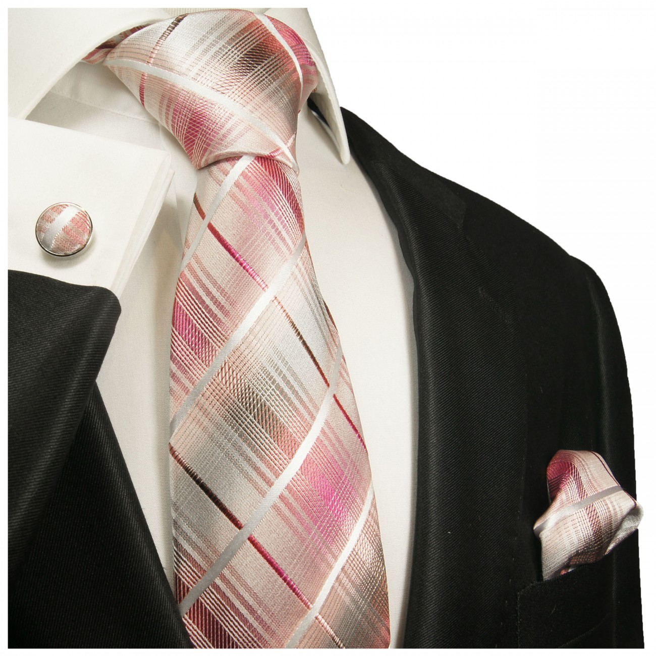 Krawatte pink grau weiß Seide gestreift mit Einstecktuch und Manschettenknöpfe
