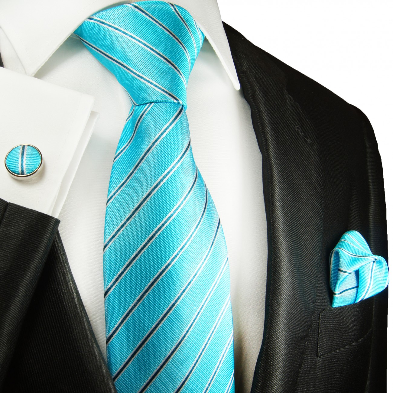 Krawatte türkis gestreift mit Einstecktuch und Manschettenknöpfe 2099