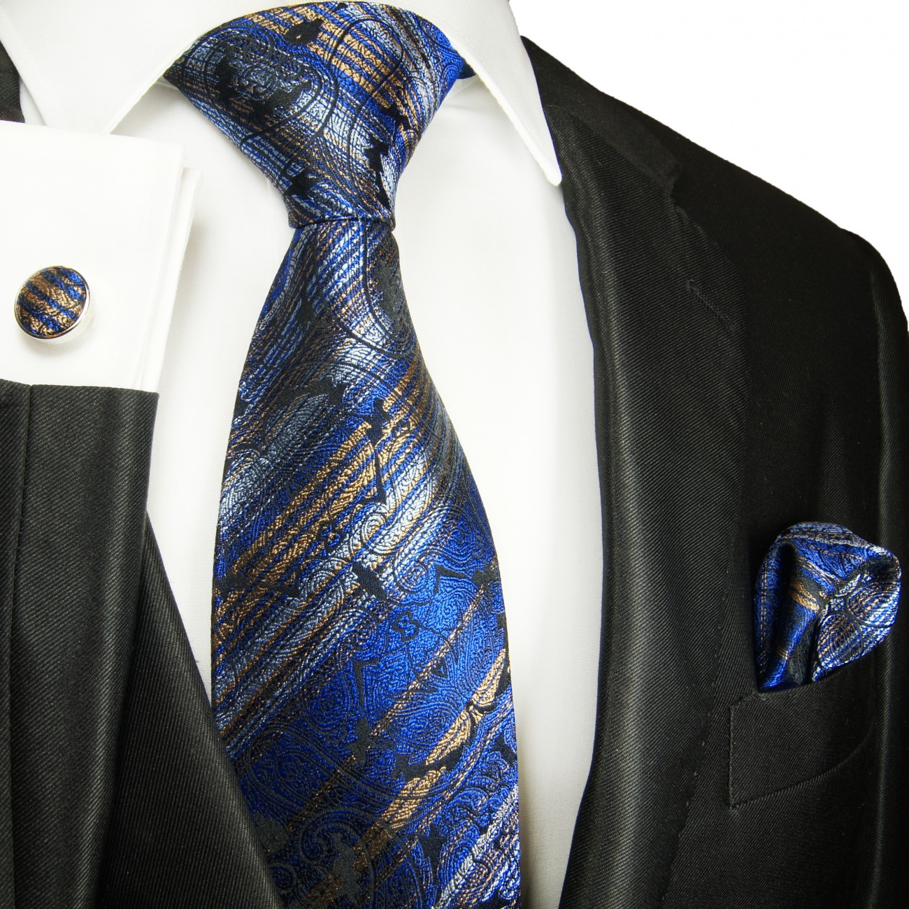 Krawatte blau gold gestreift mit Einstecktuch Seide 2100
