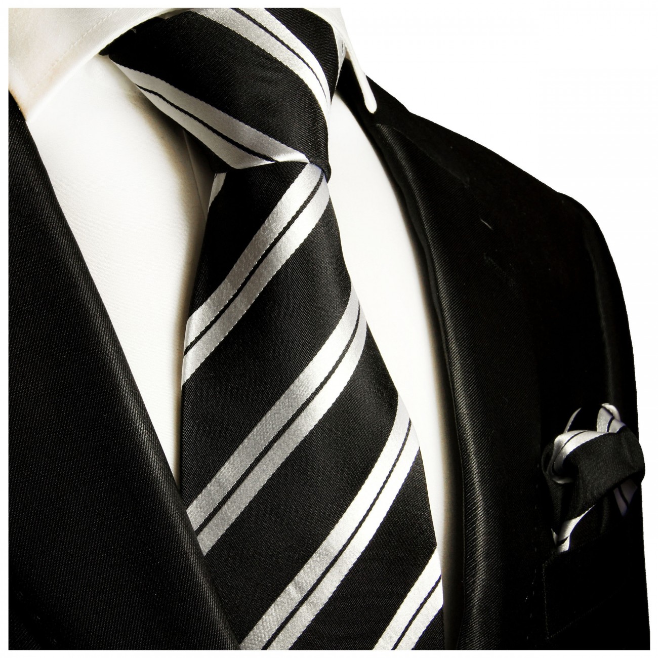 Krawatte schwarz silber gestreift Seide mit Einstecktuch