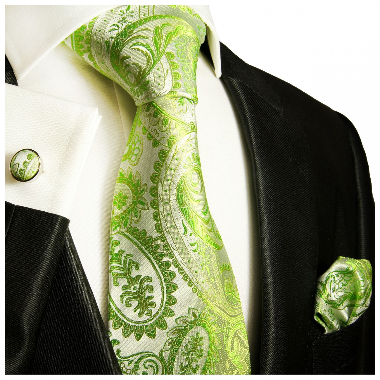 Krawatte grün mit Einstecktuch und Manschettenknöpfe