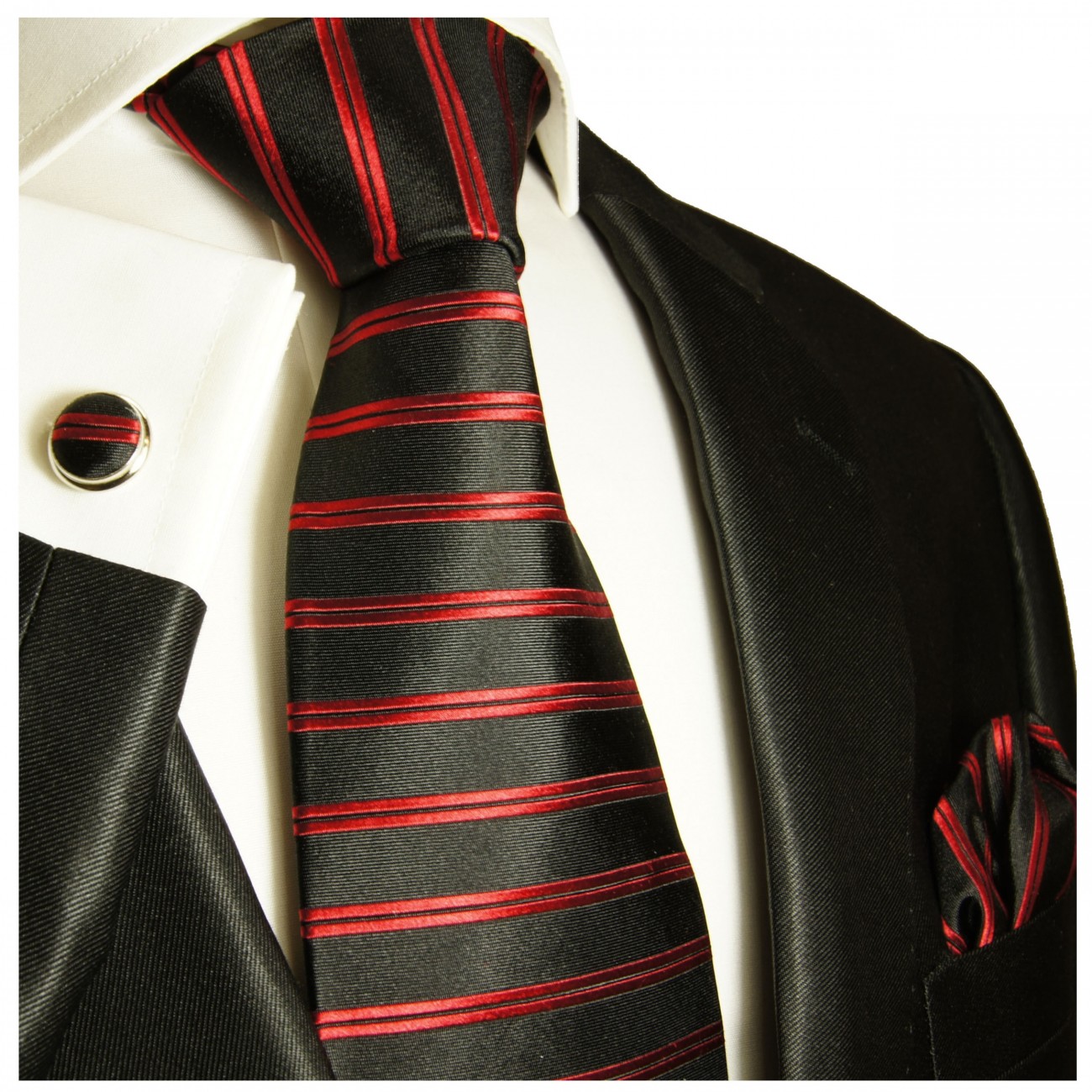 Krawatte rot schwarz gestreift Seide mit Einstecktuch und Manschettenknöpfe