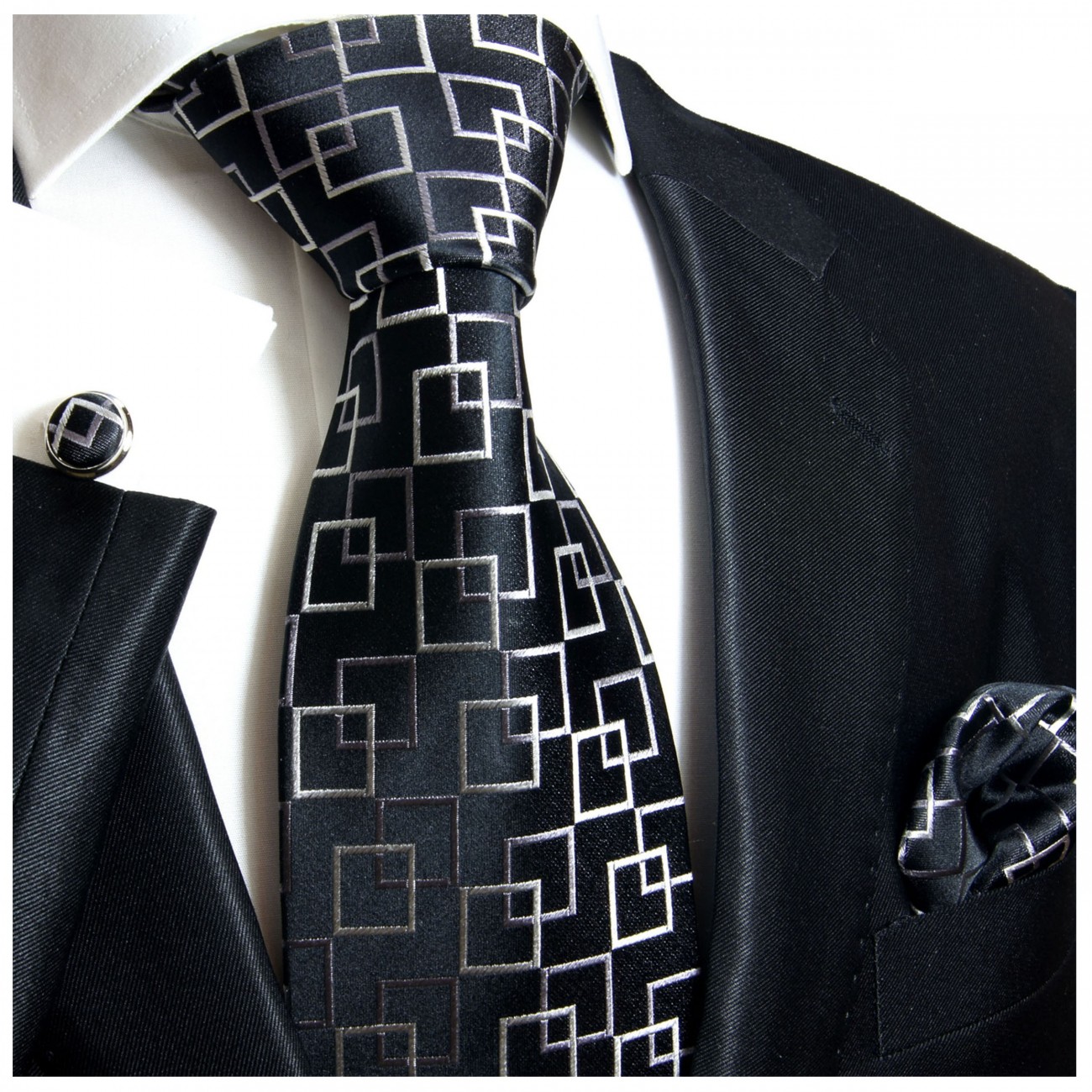 Krawatte schwarz kariert Seide mit Einstecktuch und Manschettenknöpfe