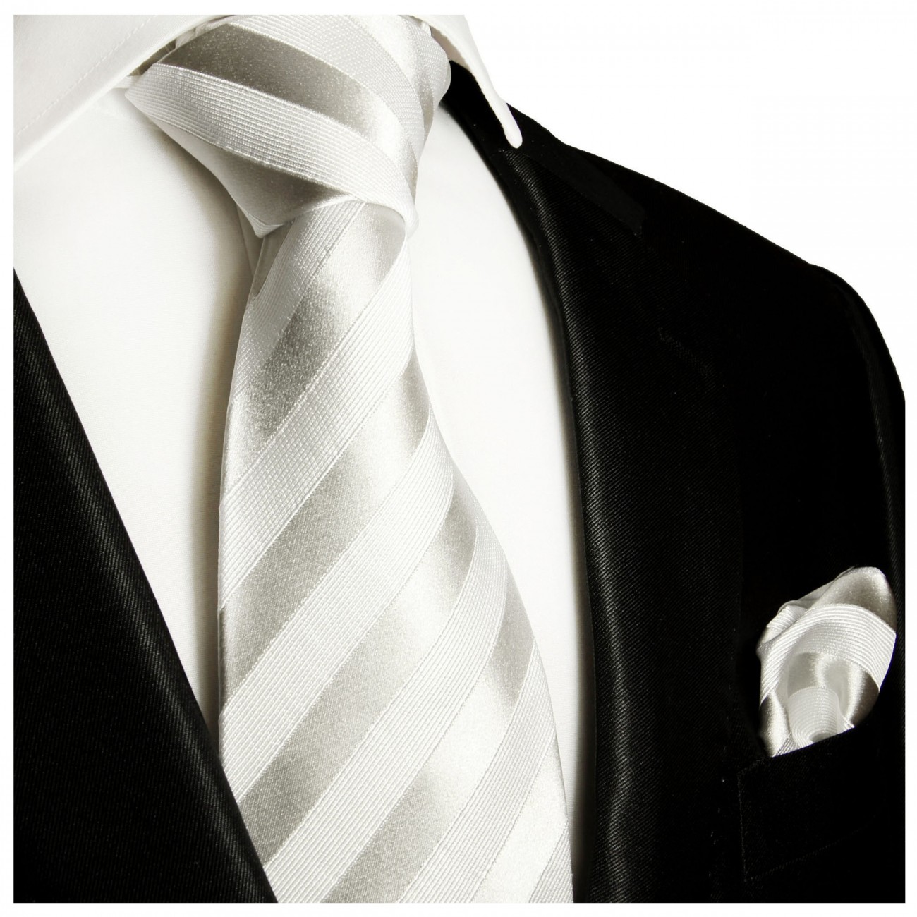 Krawatte silber weiß gestreift Seide mit Einstecktuch