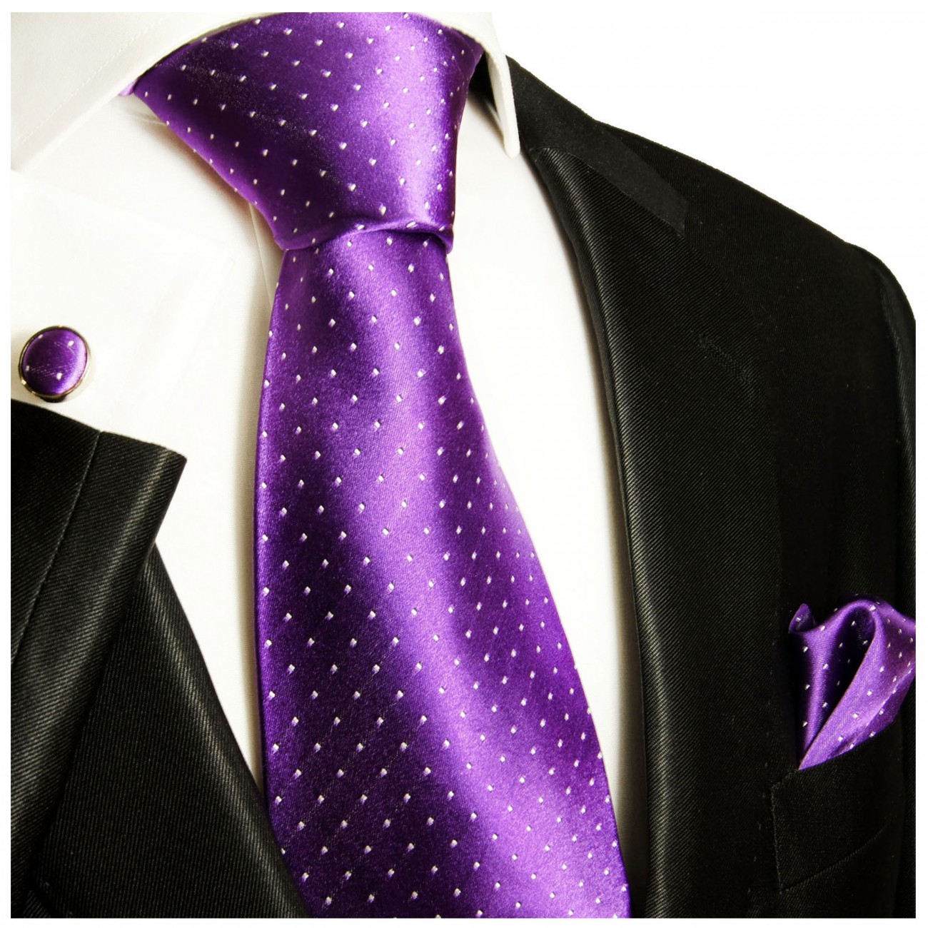 Krawatte lila violett gepunktet mit Einstecktuch und Manschettenknöpfe