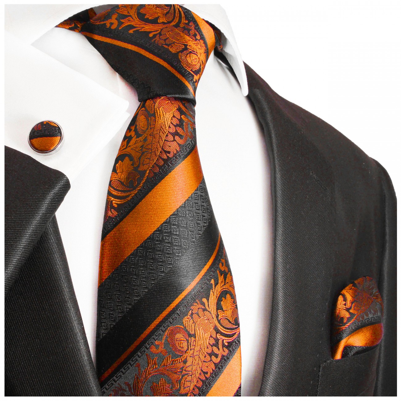 Krawatte orange schwarz barock gestreift mit Einstecktuch und Manschettenknöpfe