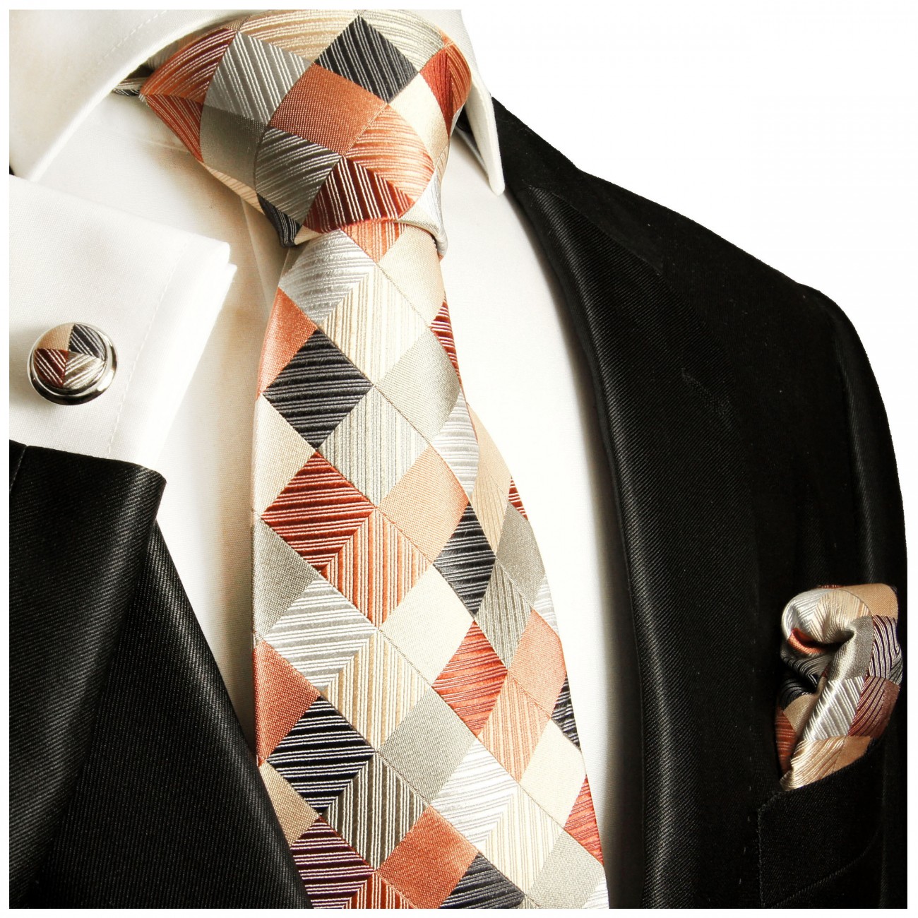 Krawatte orange grau mit Einstecktuch und Manschettenknöpfe