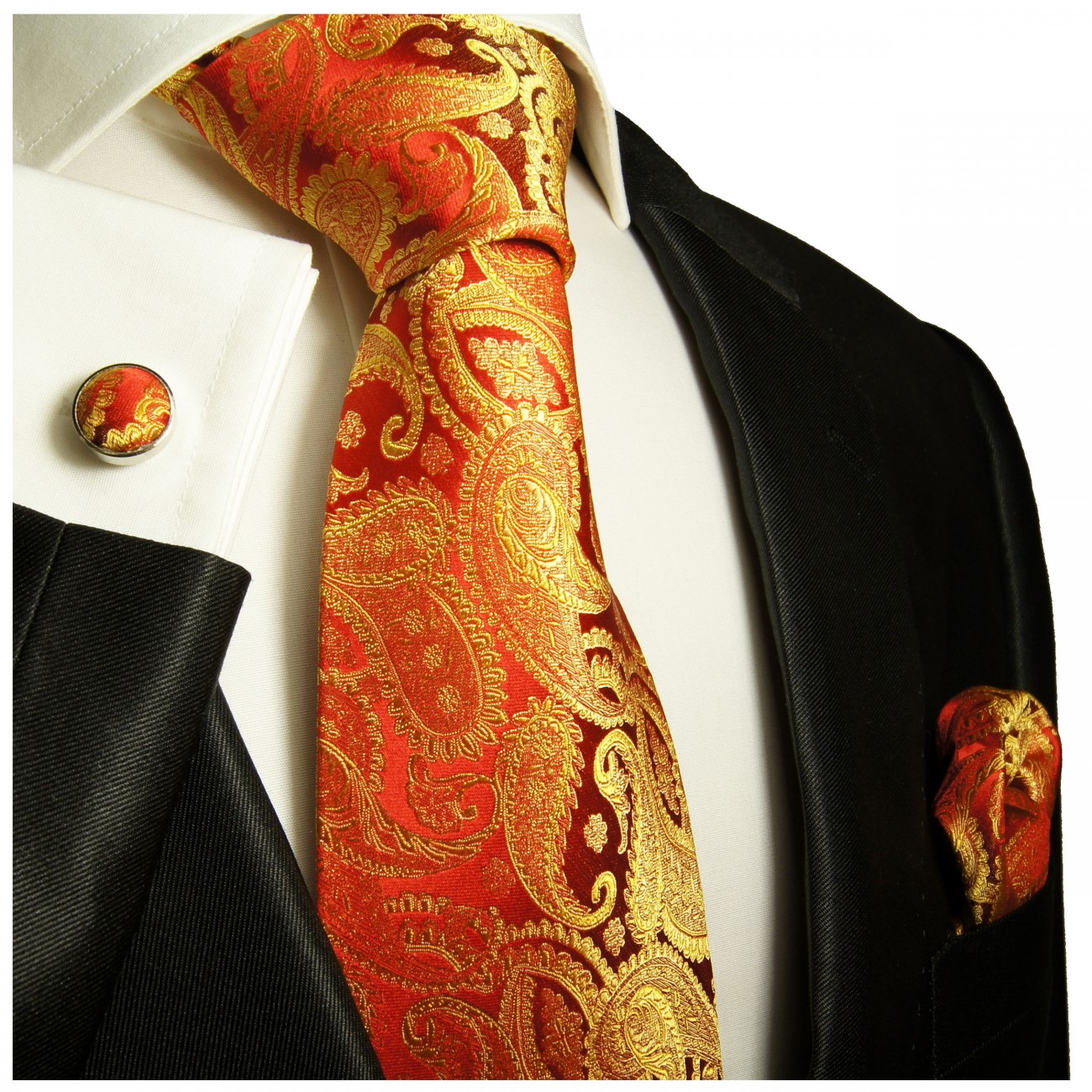Krawatte rot gold paisley Seide mit Einstecktuch und Manschettenknöpfe
