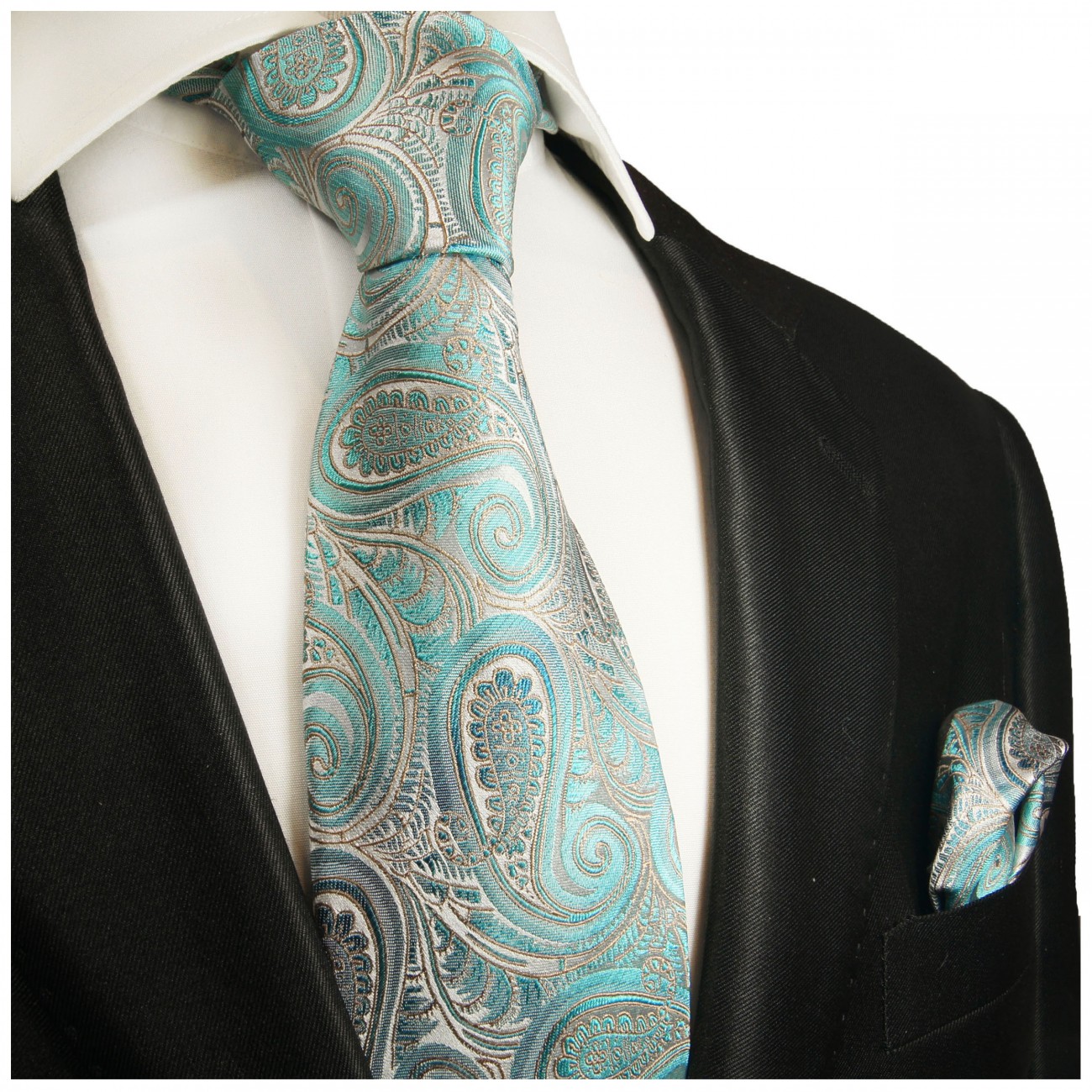 Krawatte türkis mit Einstecktuch grau paisley 2016