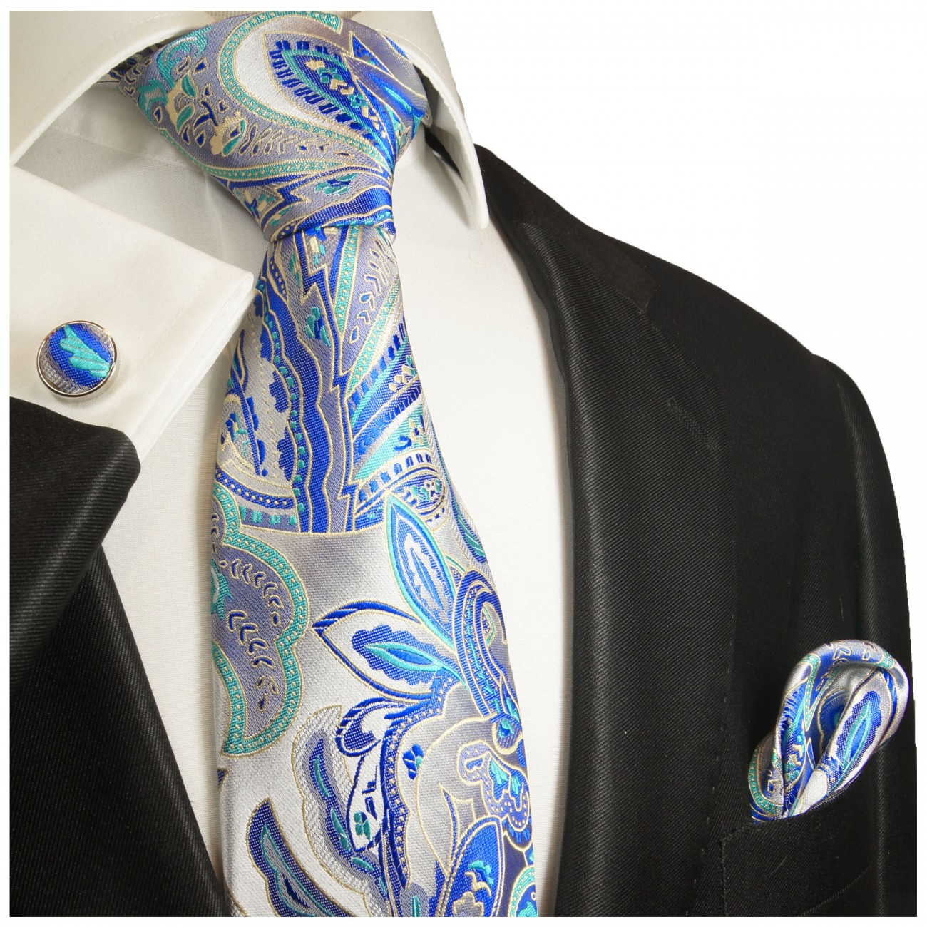 Krawatte silber mit Einstecktuch und Manschettenknöpfe blau paisley brokat 2019