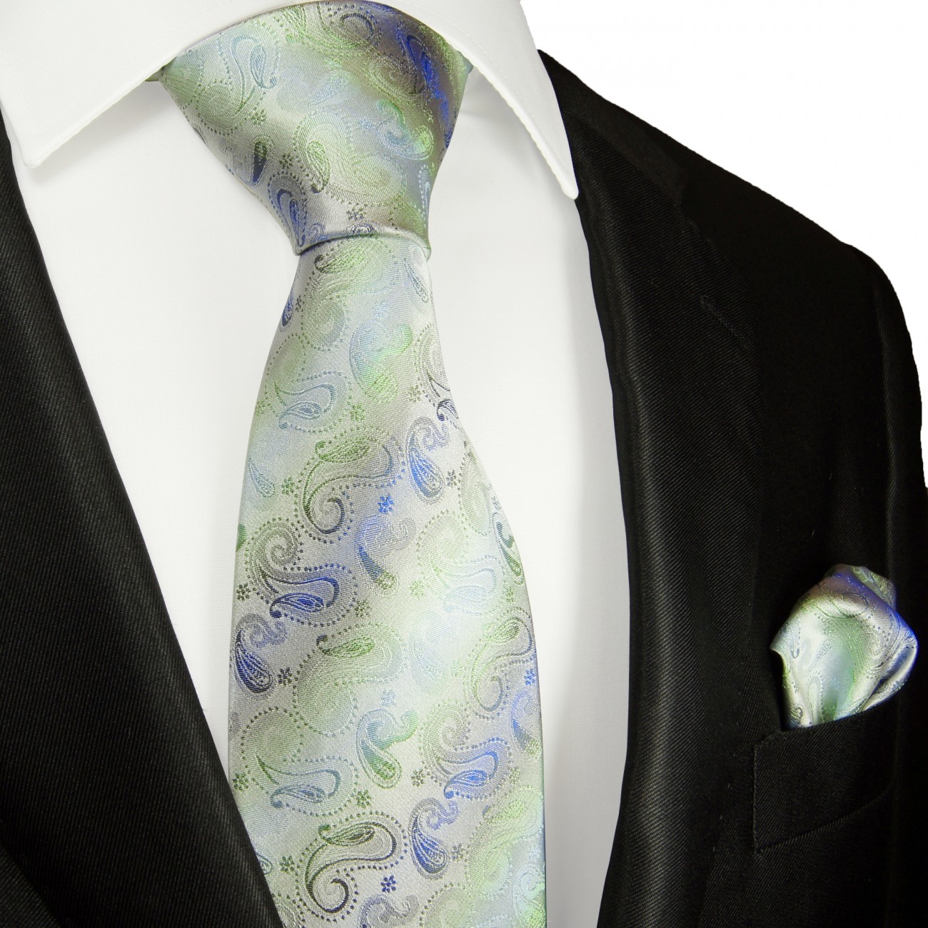 Krawatte grün blau mit Einstecktuch paisley 2058