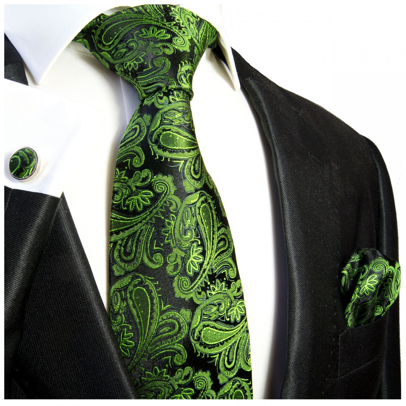 Krawatte grün paisley mit Einstecktuch und Manschettenknöpfen