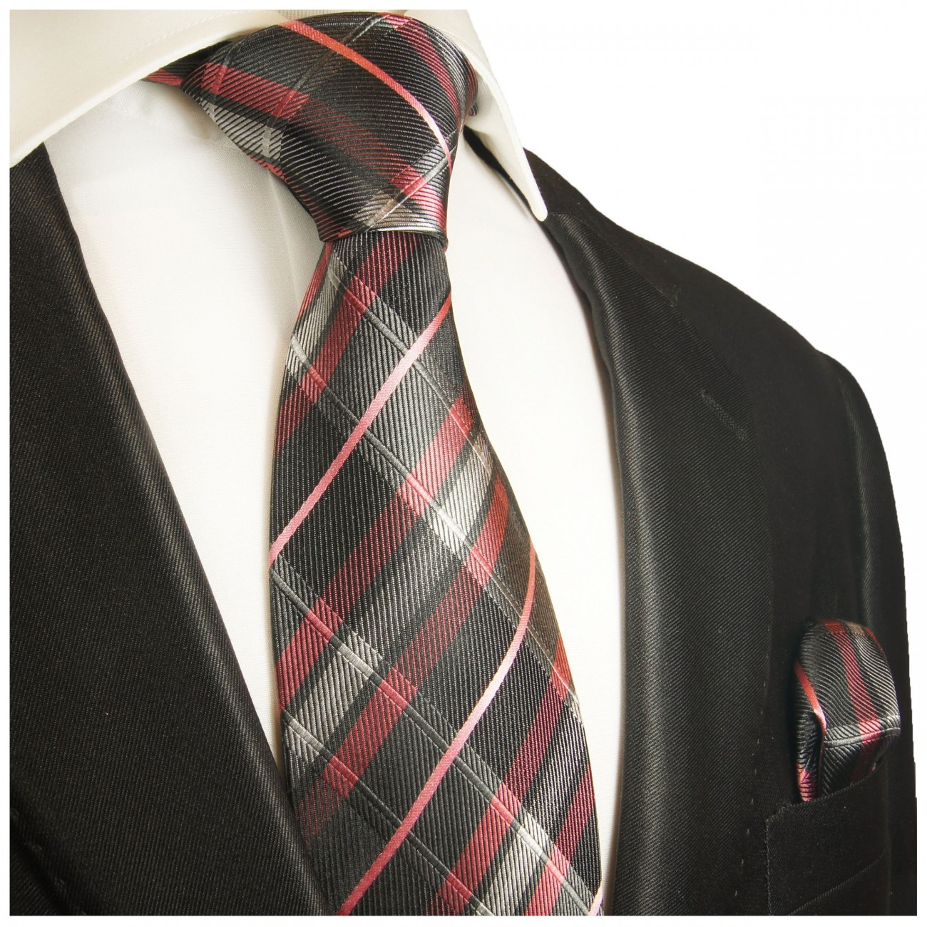 Krawatte pink schwarz Seide Schottenmuster kariert mit Einstecktuch
