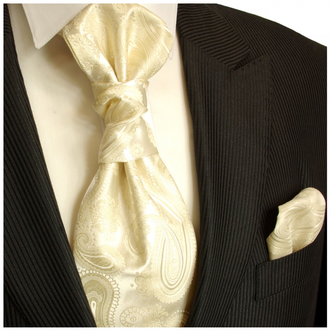 Creme Hochzeitskrawatte mit Einstecktuch paisley | Plastron | Hochzeit  Ascot Krawatte