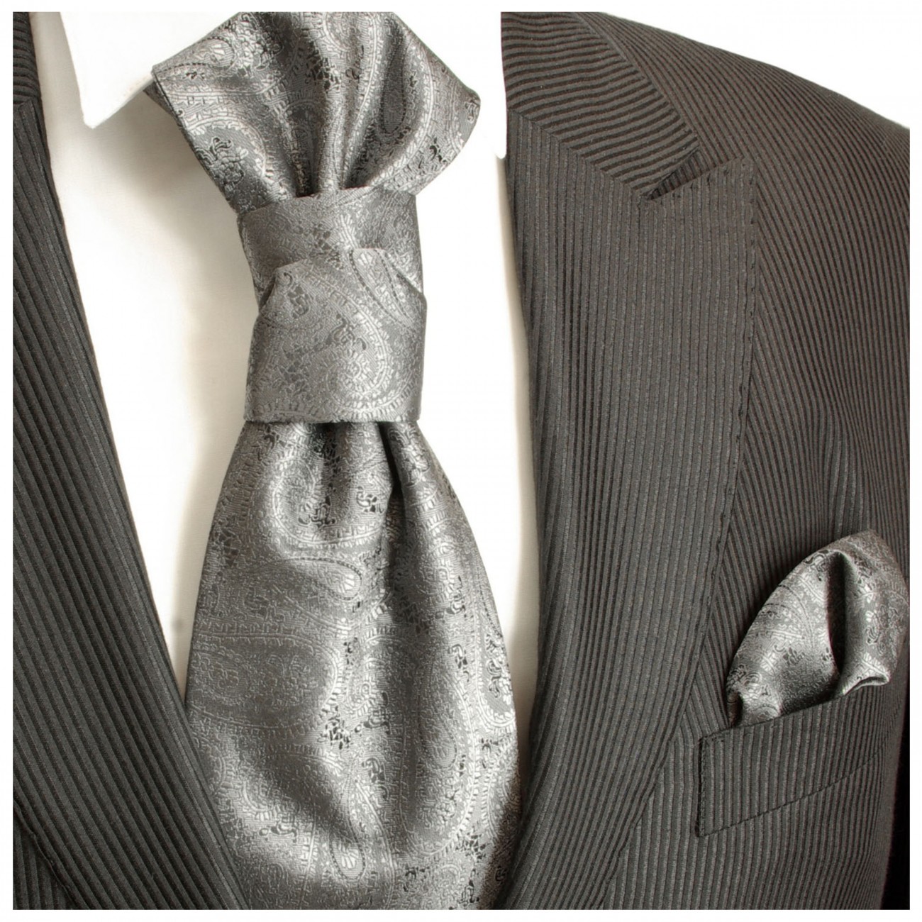 Silber graue Hochzeitskrawatte mit Einstecktuch paisley | Plastron | Hochzeit  Ascot Krawatte