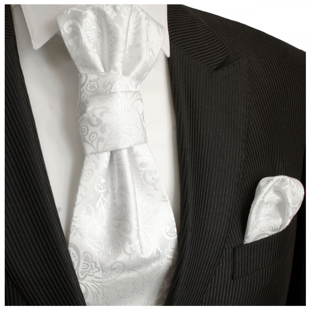 Weiße Hochzeitskrawatte mit Einstecktuch barock | Plastron | Hochzeit  Ascot Krawatte