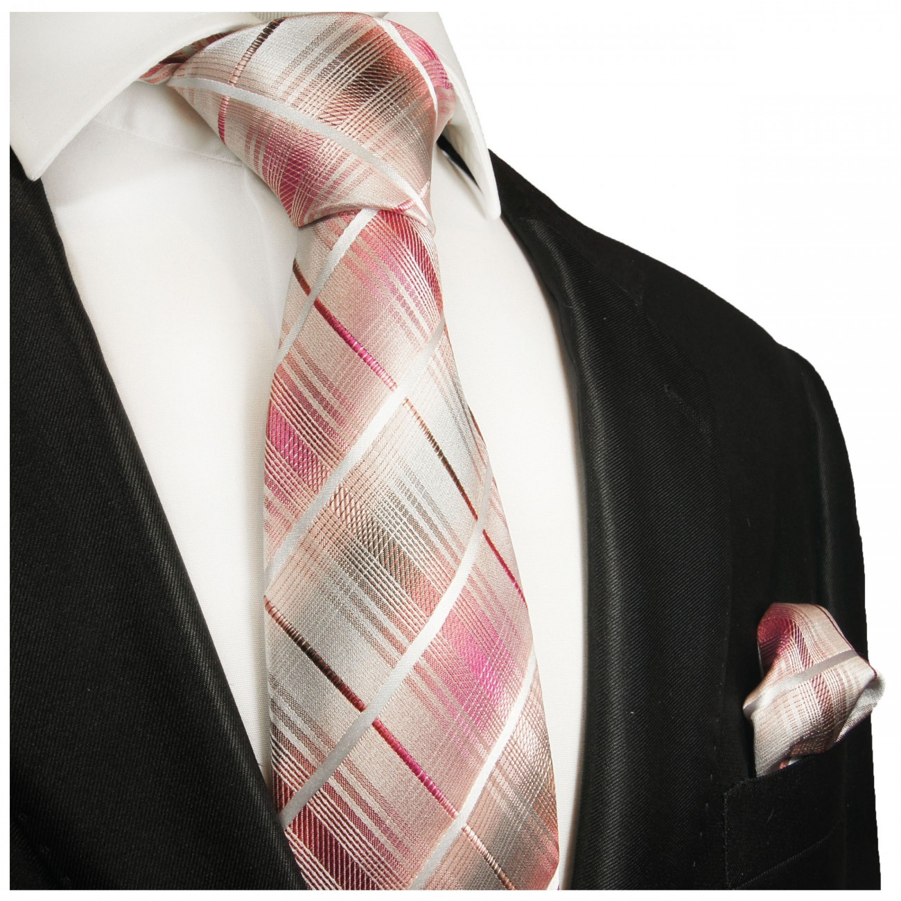 Krawatte pink grau weiß Seide gestreift mit Einstecktuch