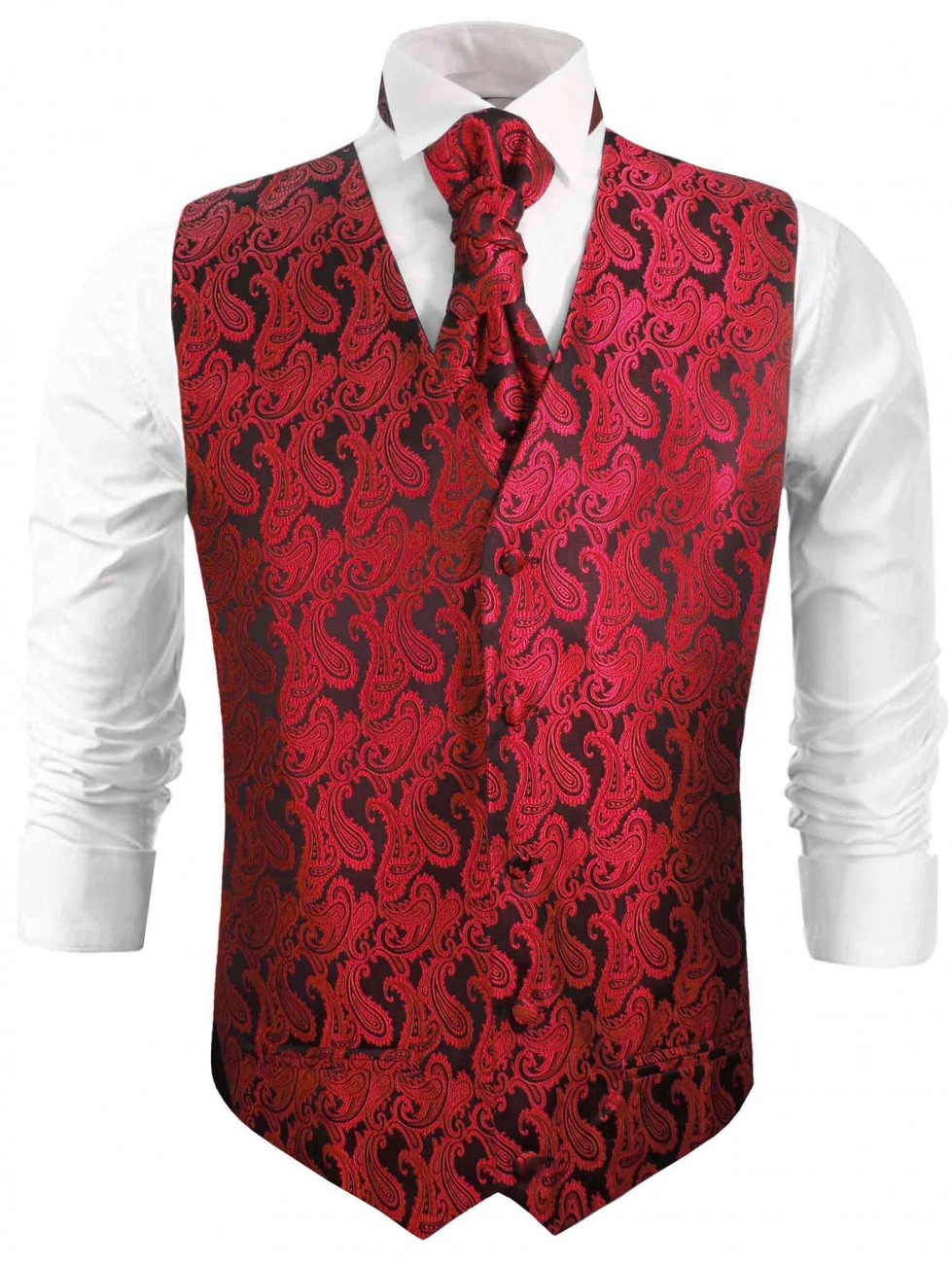 Rote Hochzeitsweste mit Plastron Krawatte Einstecktuch und Manschettenknöpfen v99
