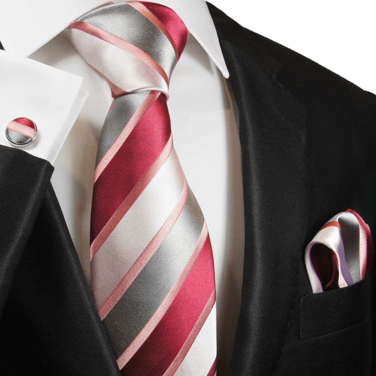 Krawatte pink rot weiß silber gestreift Seide mit Einstecktuch