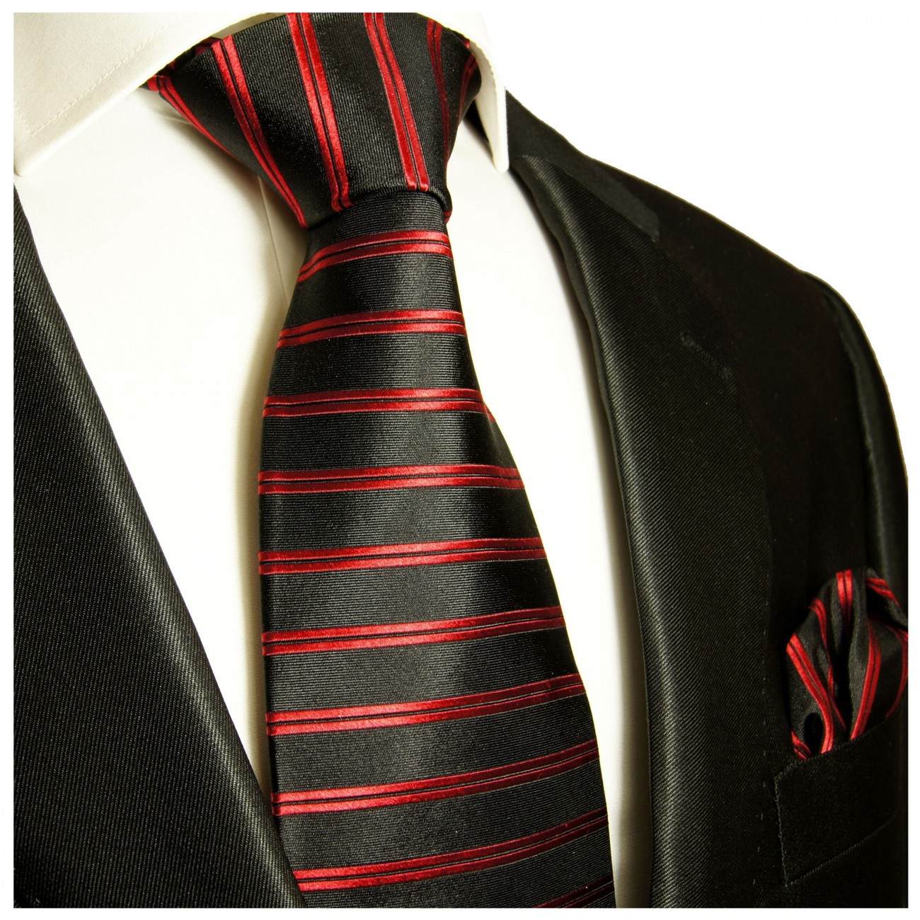 Krawatte rot schwarz gestreift Seide mit Einstecktuch