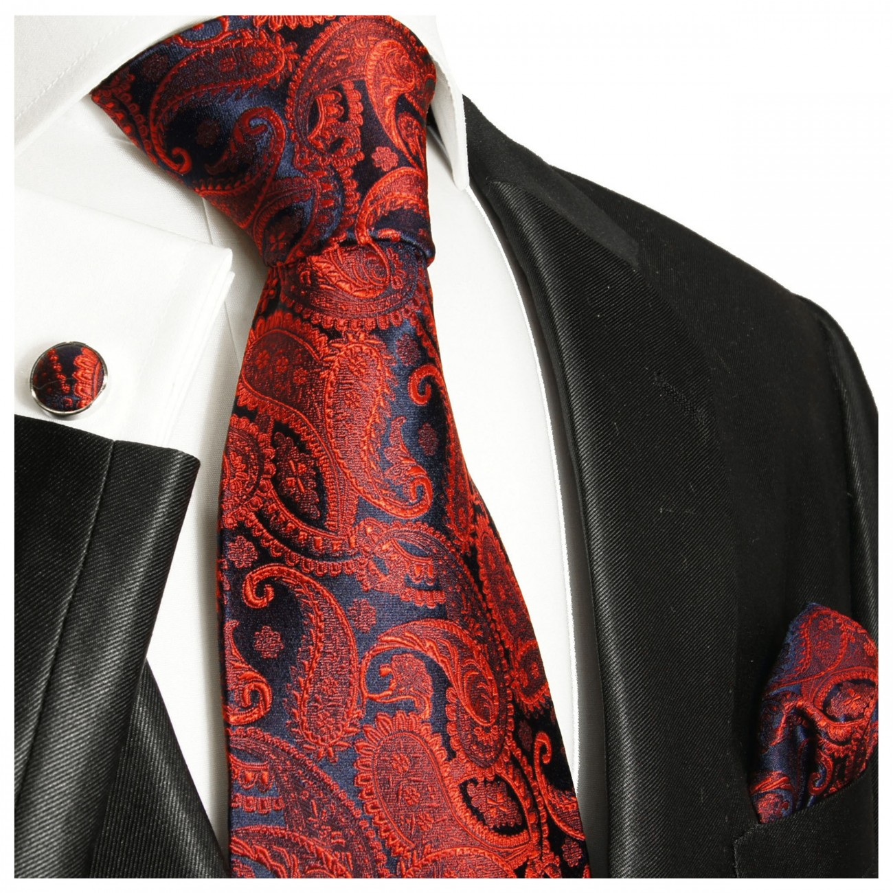 Krawatte rot blau paisley Seide mit Einstecktuch und Manschettenknöpfe