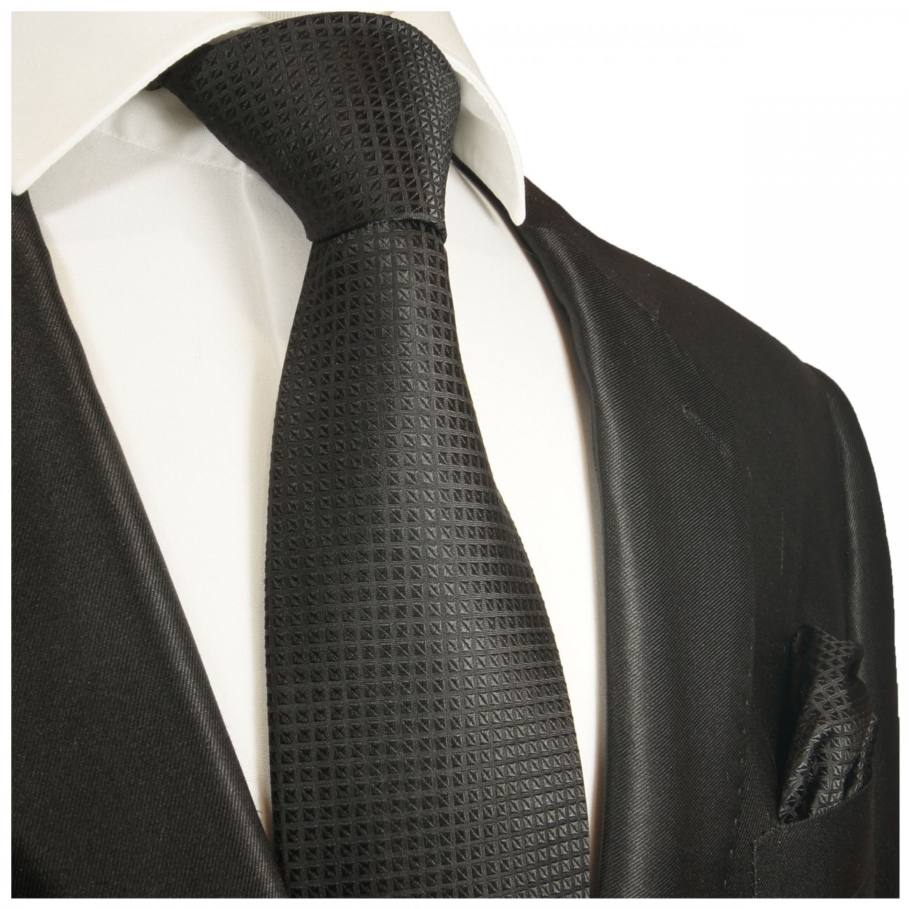 Krawatte schwarz uni kariert Seide mit Einstecktuch