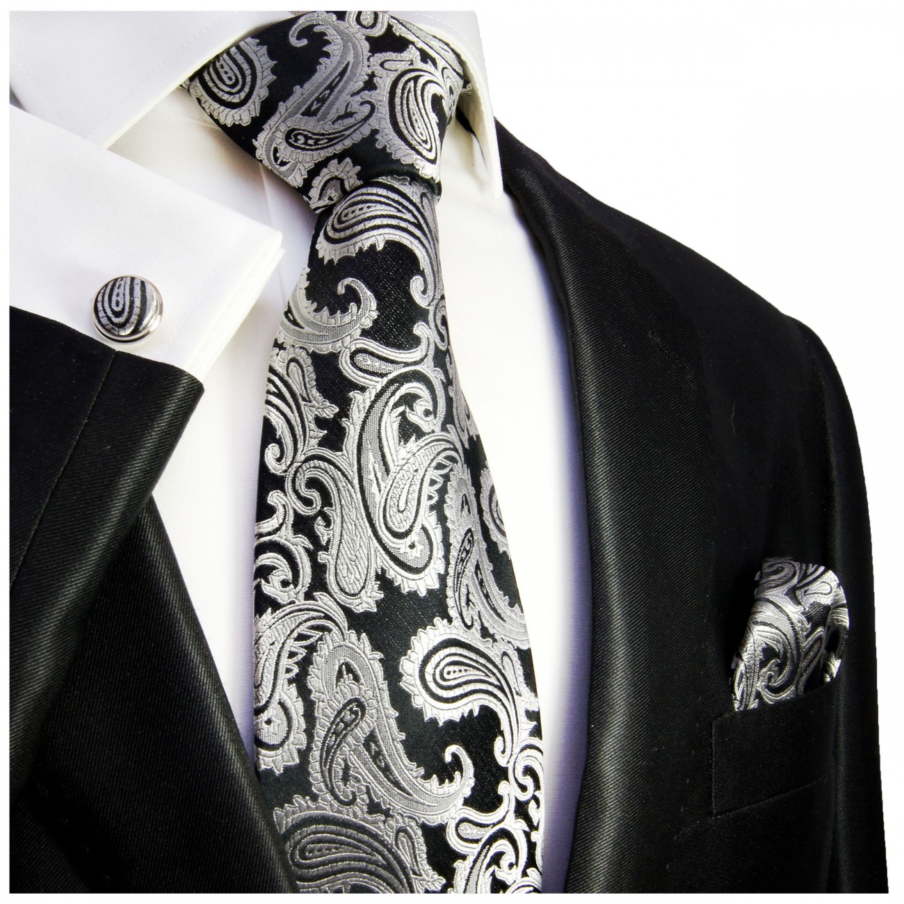 Krawatte schwarz silber paisley Seide mit Einstecktuch und Manschettenknöpfe