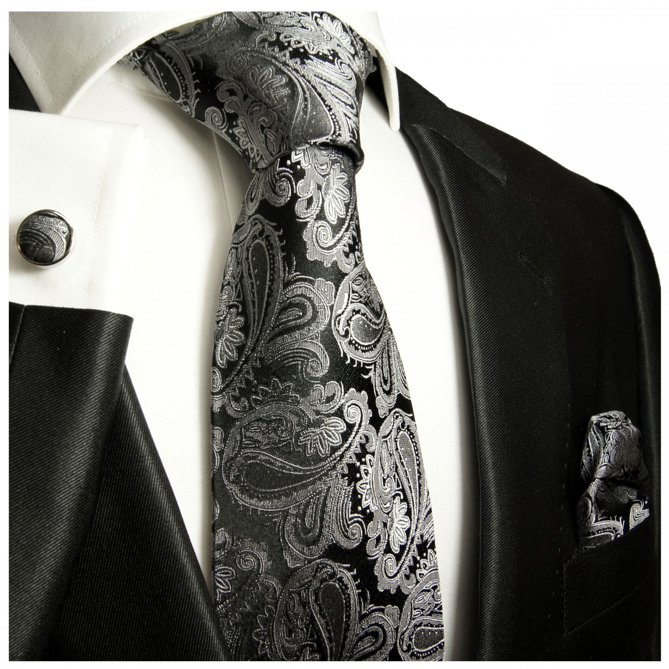 Krawatte grau schwarz paisley brokat Seide mit Einstecktuch und Manschettenknöpfe