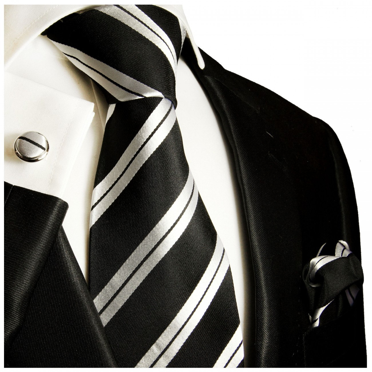 Krawatte schwarz silber gestreift Seide mit Einstecktuch und Manschettenknöpfe