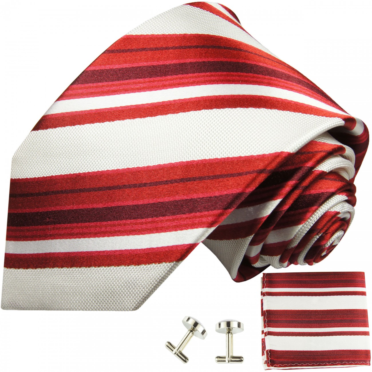 Krawatte rot gestreift mit Einstecktuch und Manschettenknöpfe