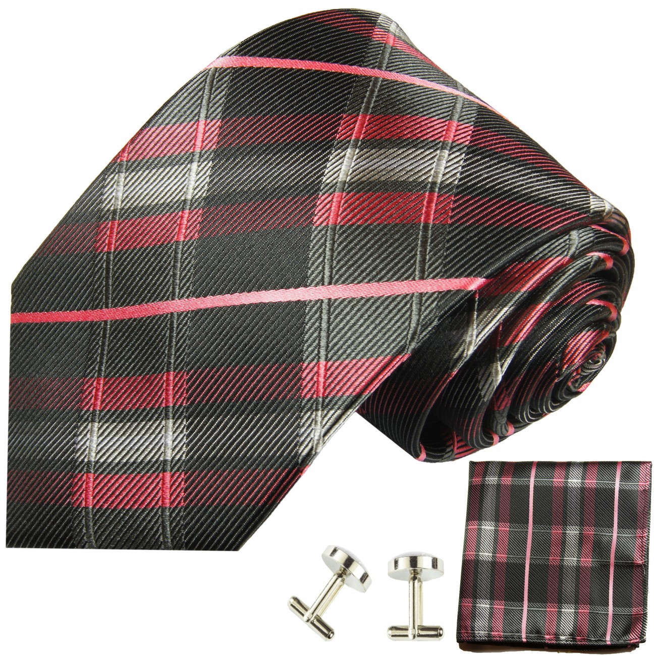 Pink schwarze Krawatte Seide Schottenmuster kariert mit Einstecktuch und Manschettenknöpfe