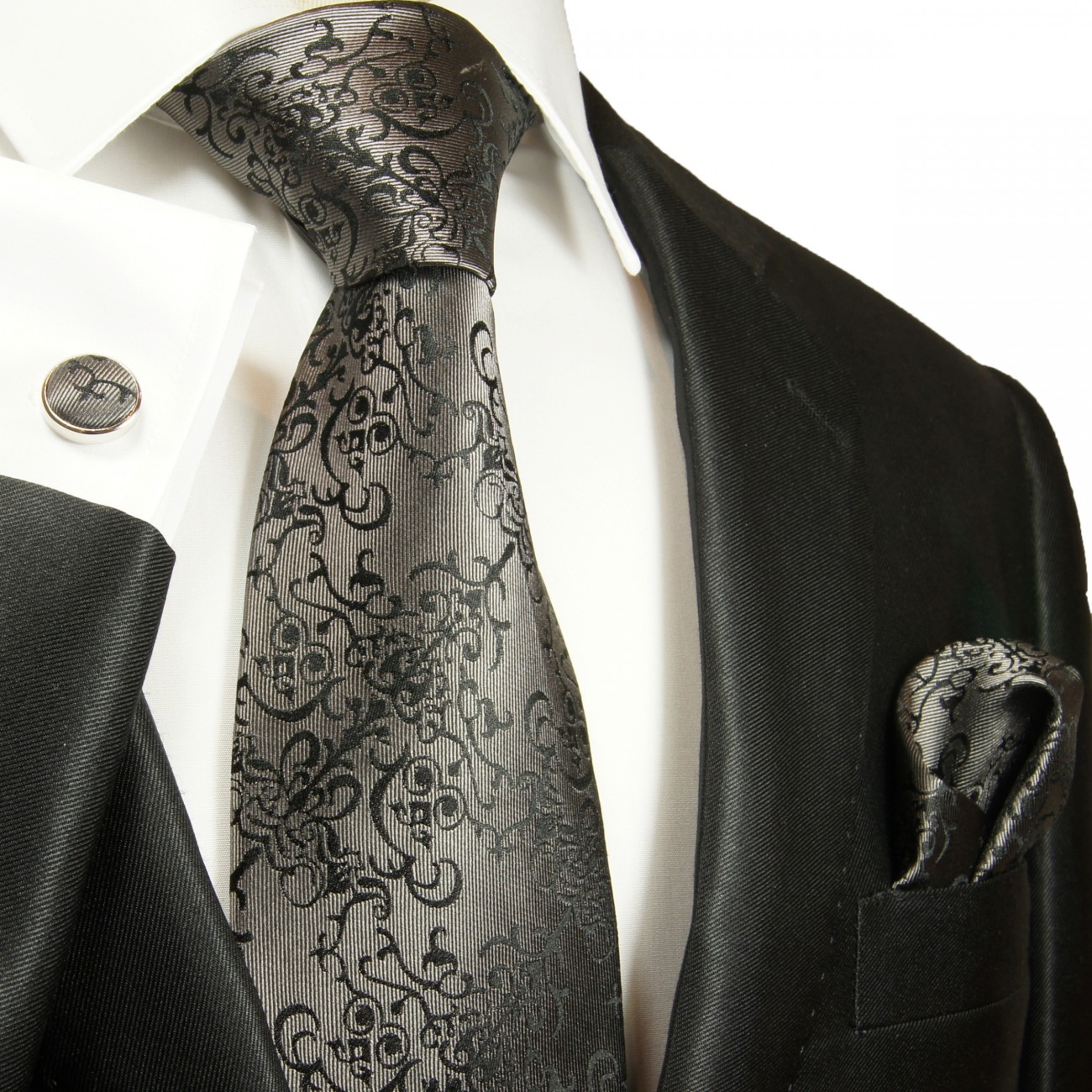 Krawatte silber grau schwarz barock Seide mit Einstecktuch und Manschettenknöpfe
