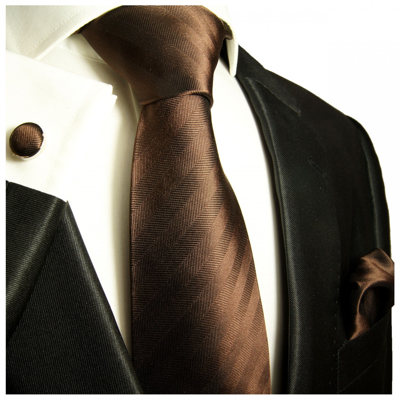 Krawatte braun uni mit Einstecktuch und Manschettenknöpfe