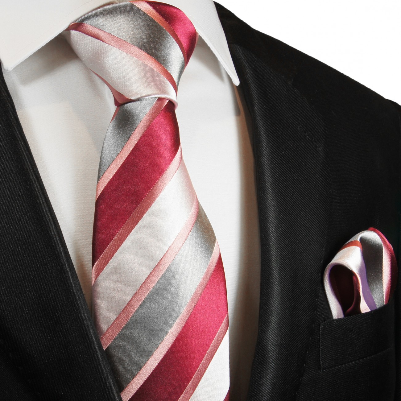 Krawatte pink rot weiß silber gestreift Seide mit Einstecktuch und Manschettenknöpfe