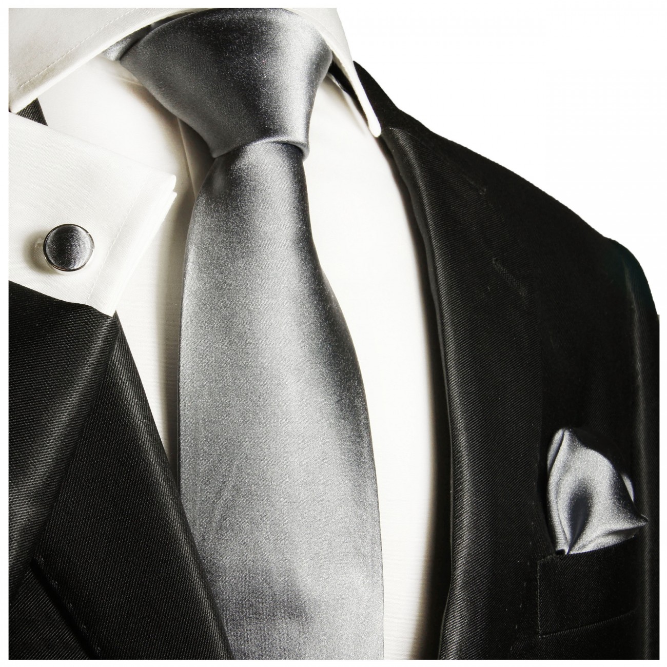 Krawatte silber grau uni satin Seide mit Einstecktuch und Manschettenknöpfe