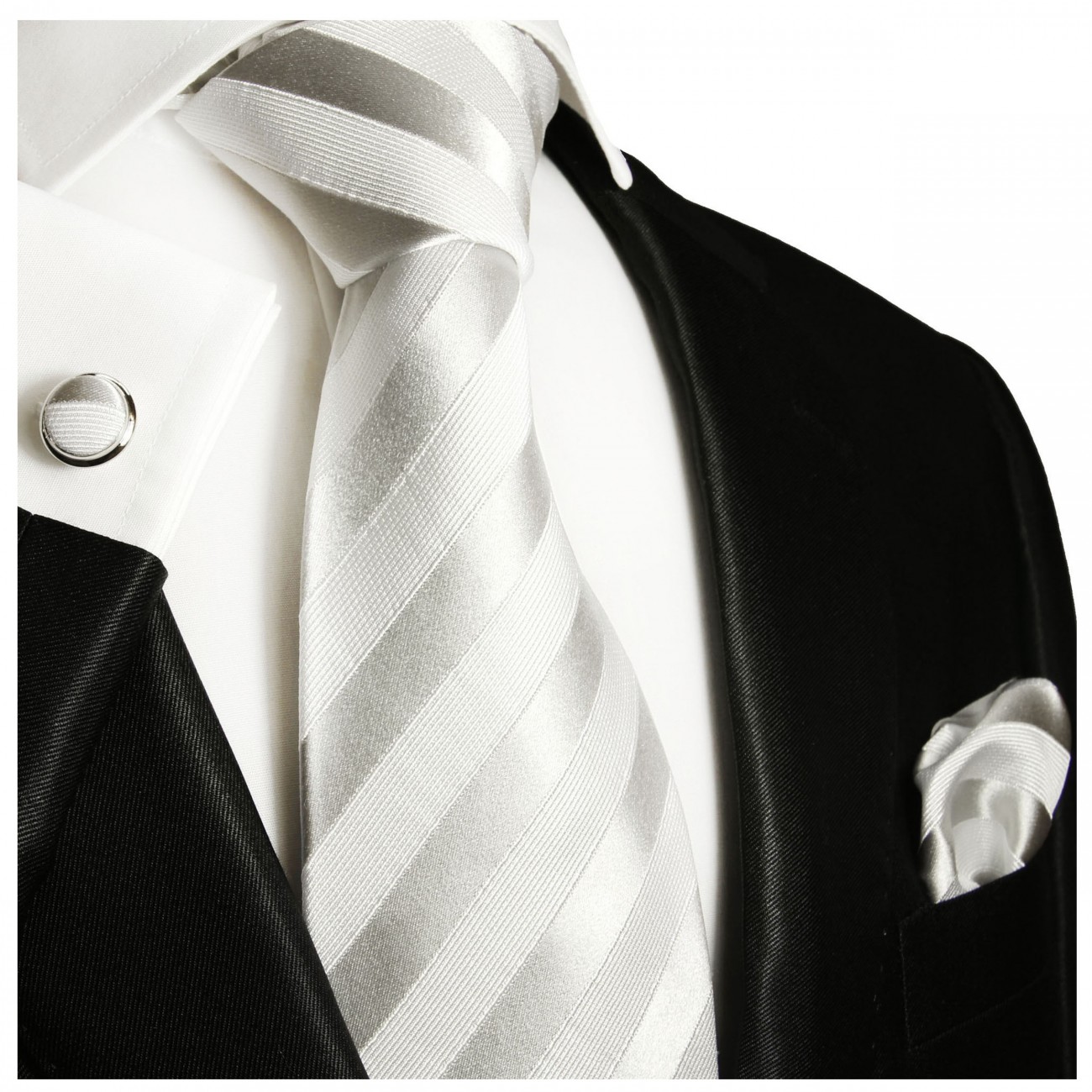 Krawatte silber weiß gestreift Seide mit Einstecktuch und Manschettenknöpfe