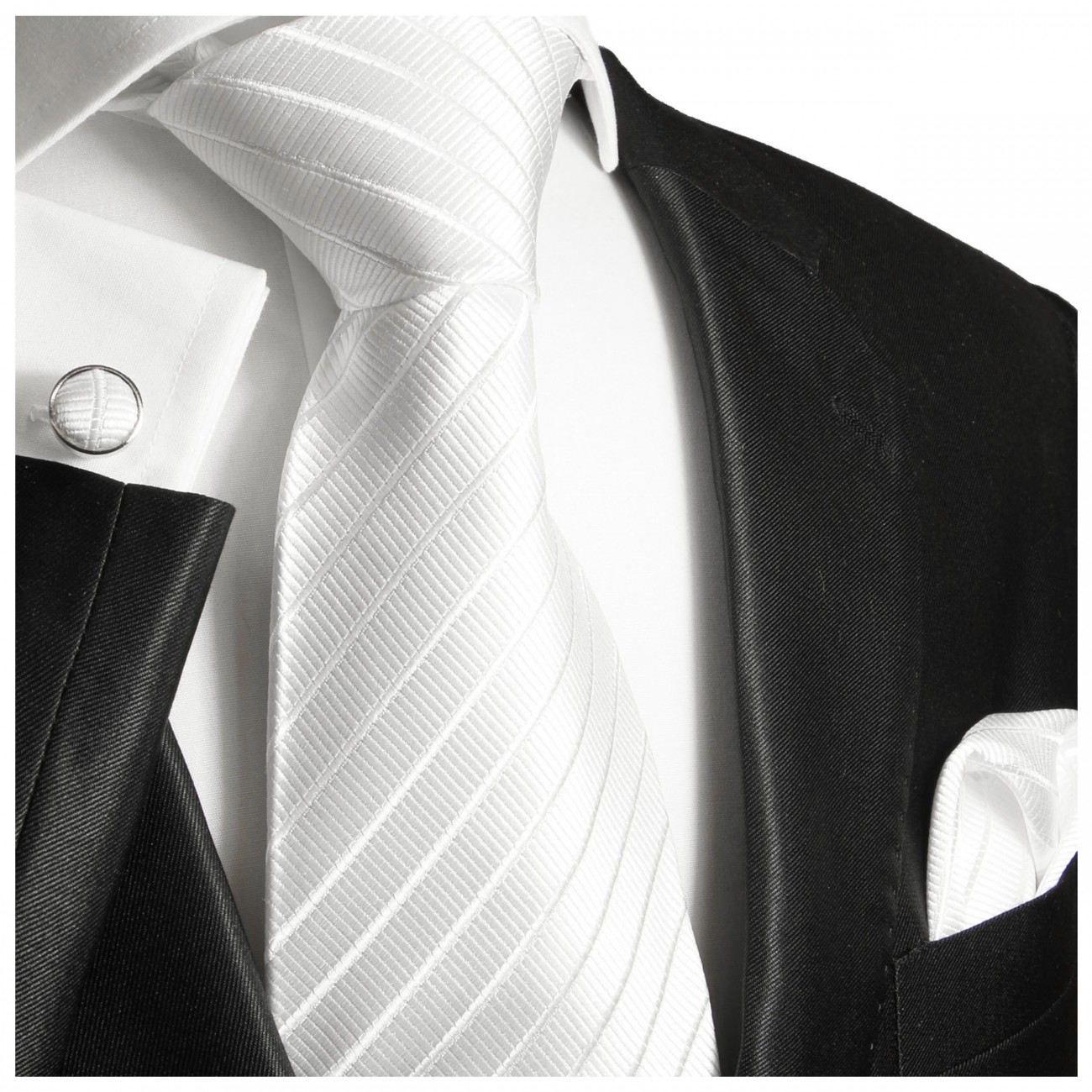 Krawatte weiß uni gestreift Seide mit Einstecktuch und Manschettenknöpfe