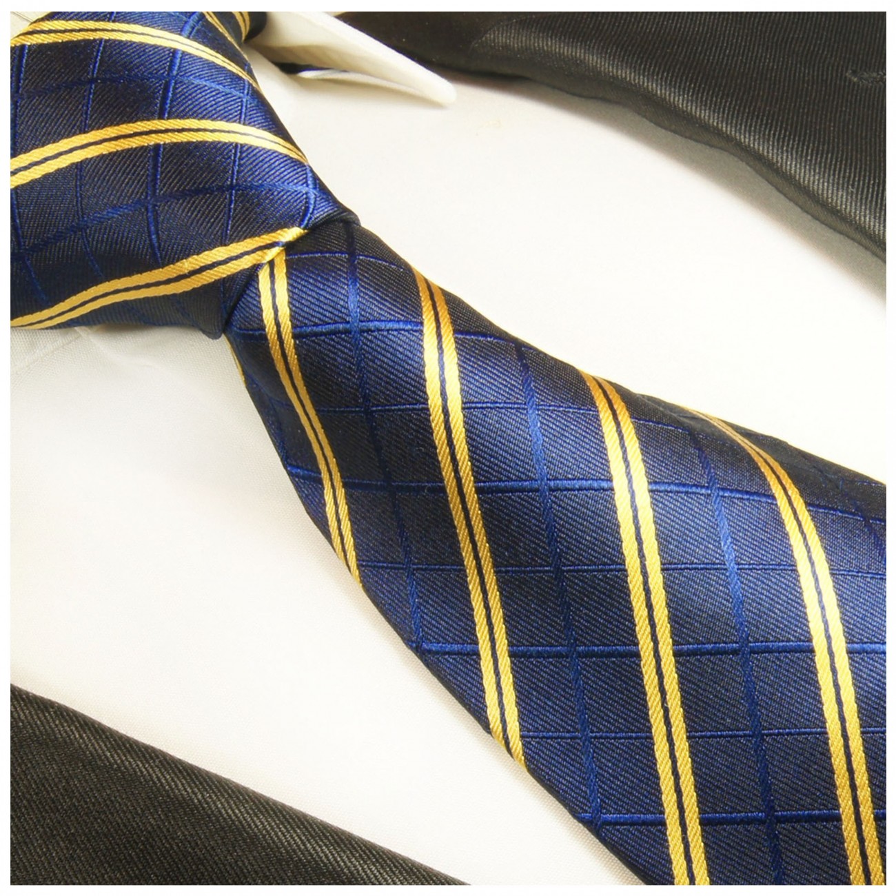 Blau gelb gestreiftes extra langes XL Krawatten Set 2tlg. 100% Seidenkrawatte + Einstecktuch by Paul Malone 2021
