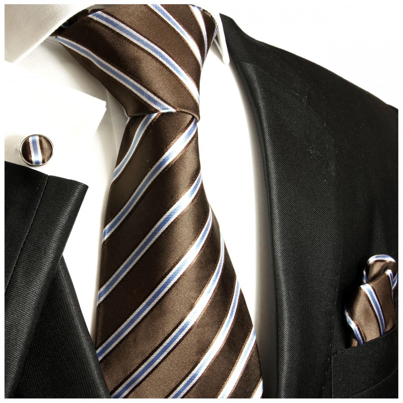 Krawatte braun blau gestreift Seide mit Einstecktuch und Manschettenknöpfe