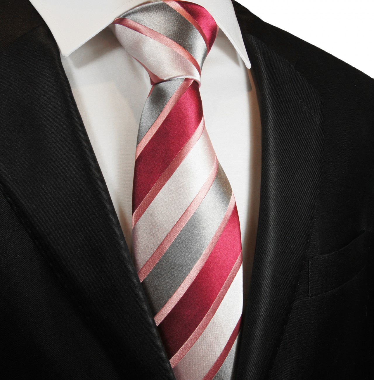 Pink rot weiß silber gestreifte Krawatte Seide